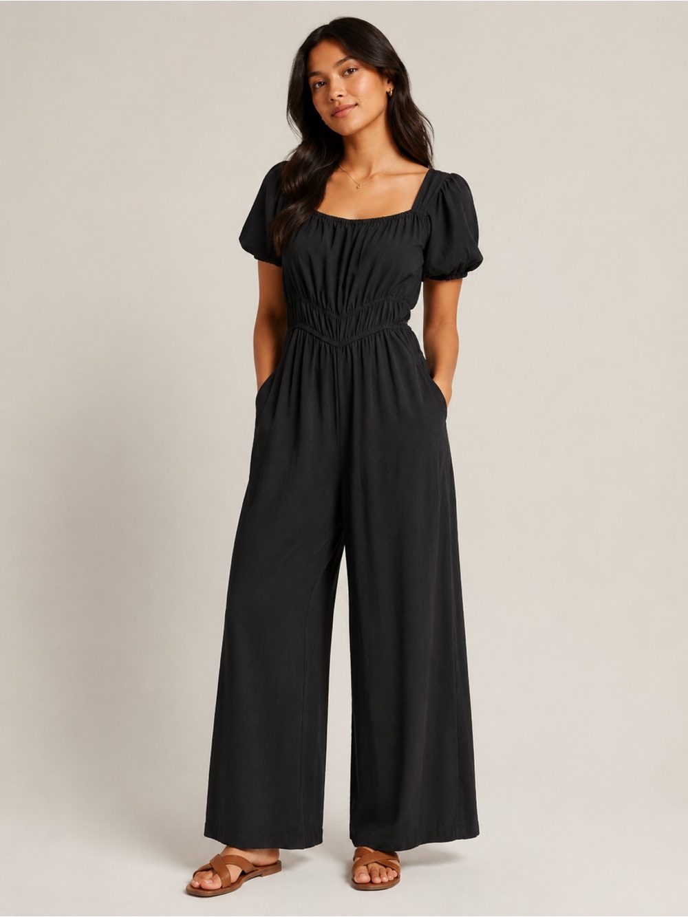 Dazy Black Puff Sleeve Wide Leg Jumpsuit | Size Medium